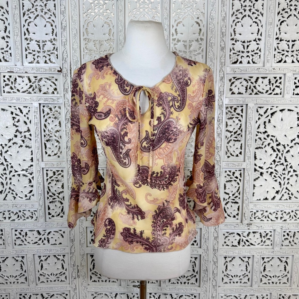 Vtg Y2K Paisley Keyhole Twee Sheer Blouse Womens Medium Flare Sleeve Coquette